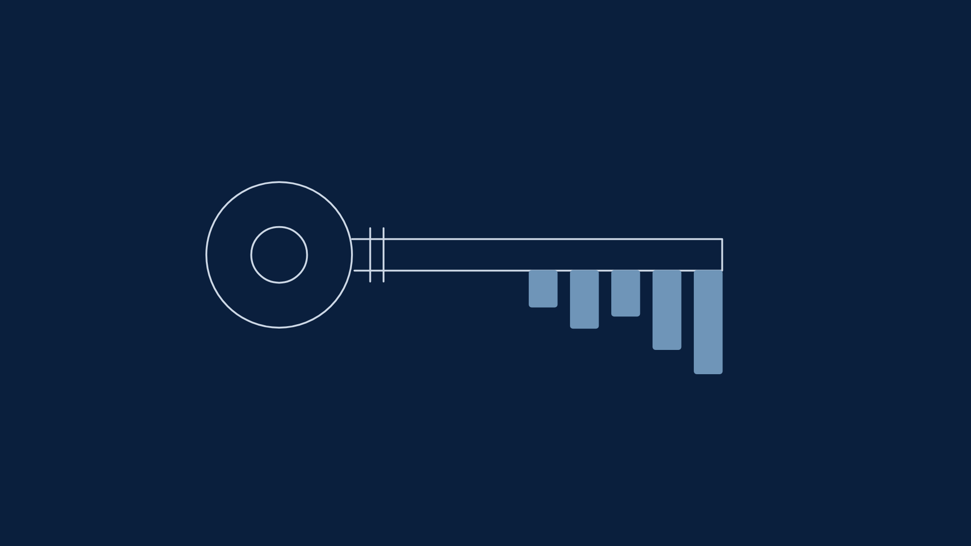 A key whose teeth form a rising bar chart, in steel on navy