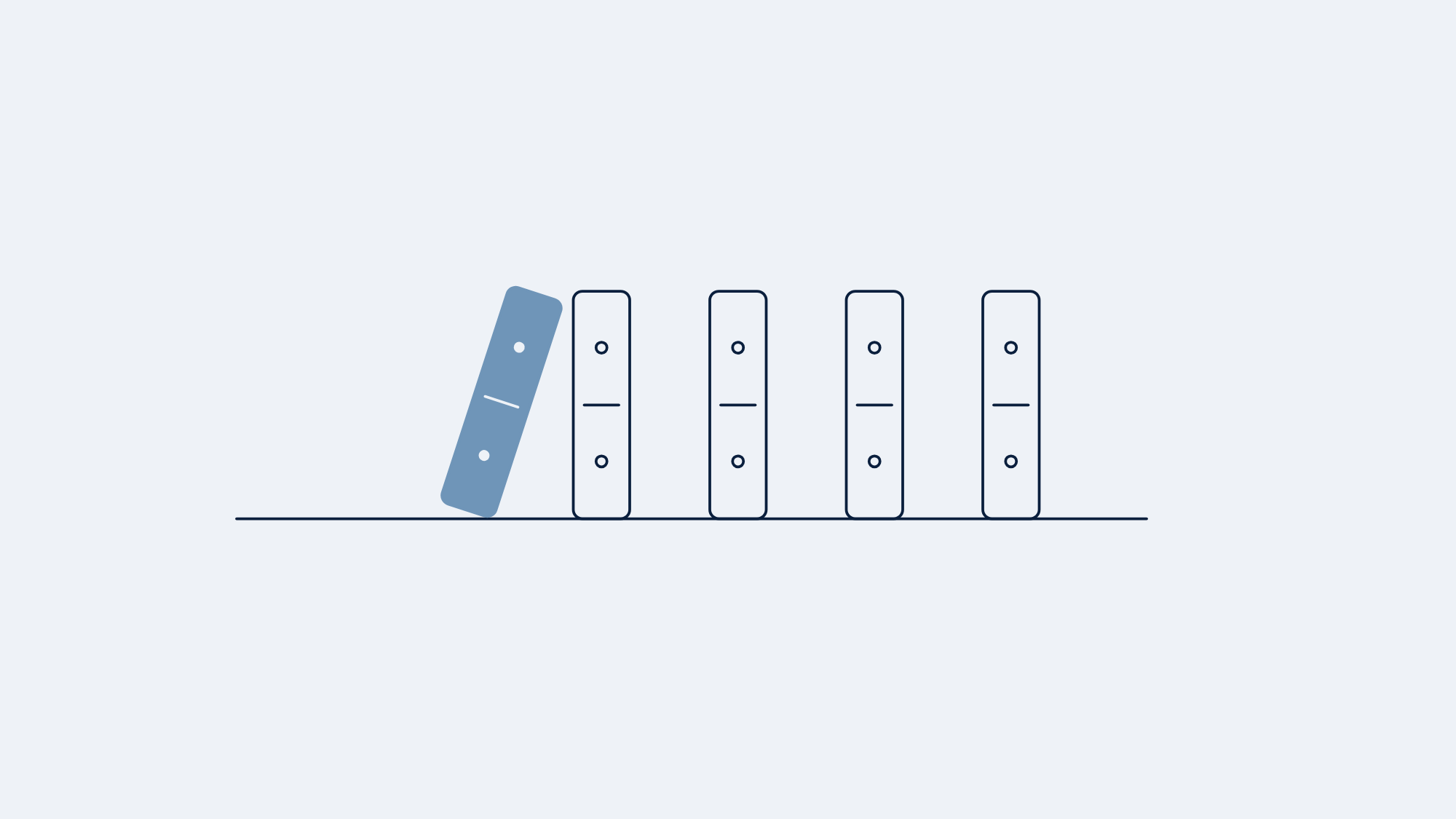 A row of dominoes with the first, in steel, tipping into the next
