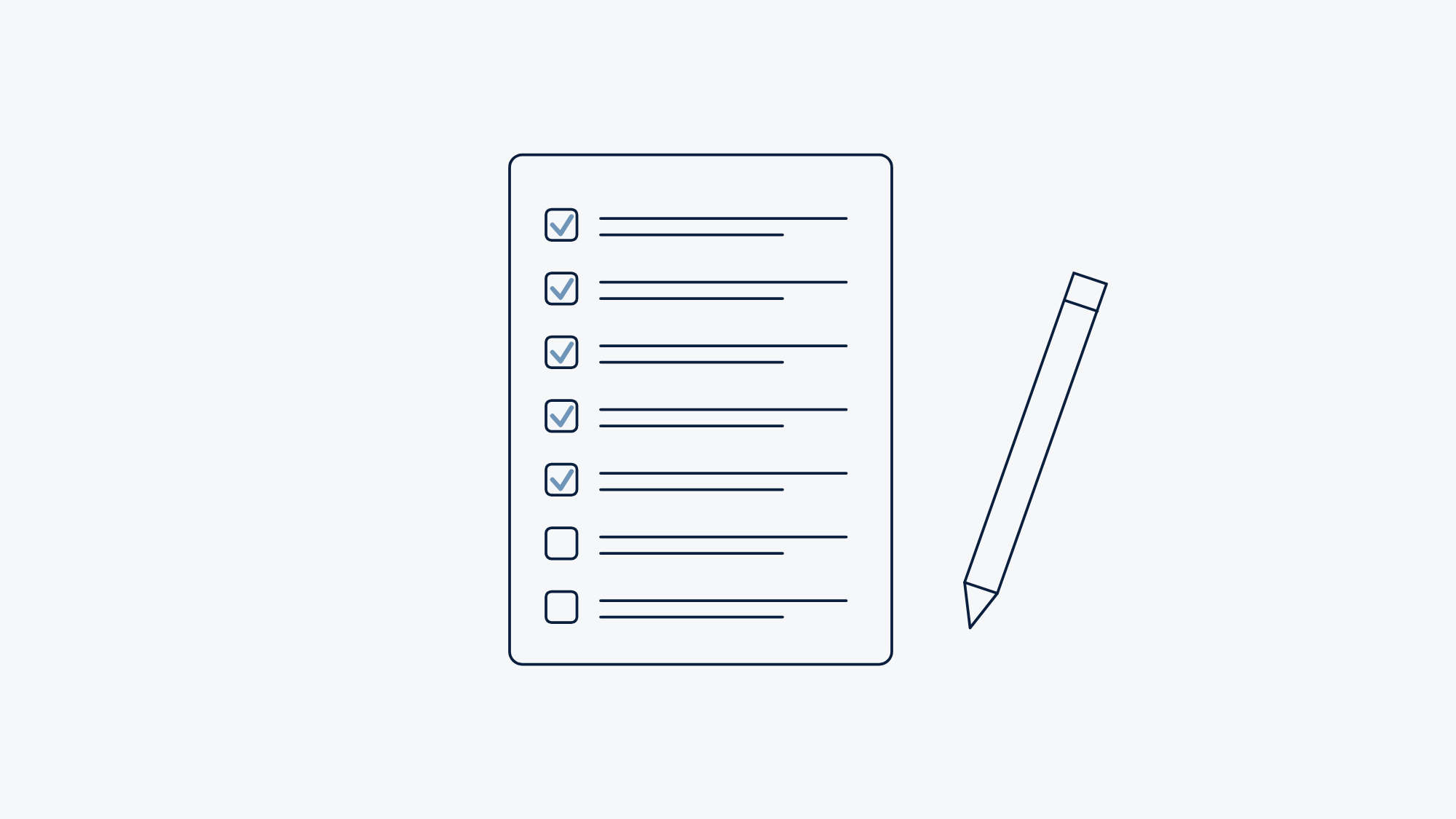 A long questionnaire with most answers ticked in steel, and a pen beside it